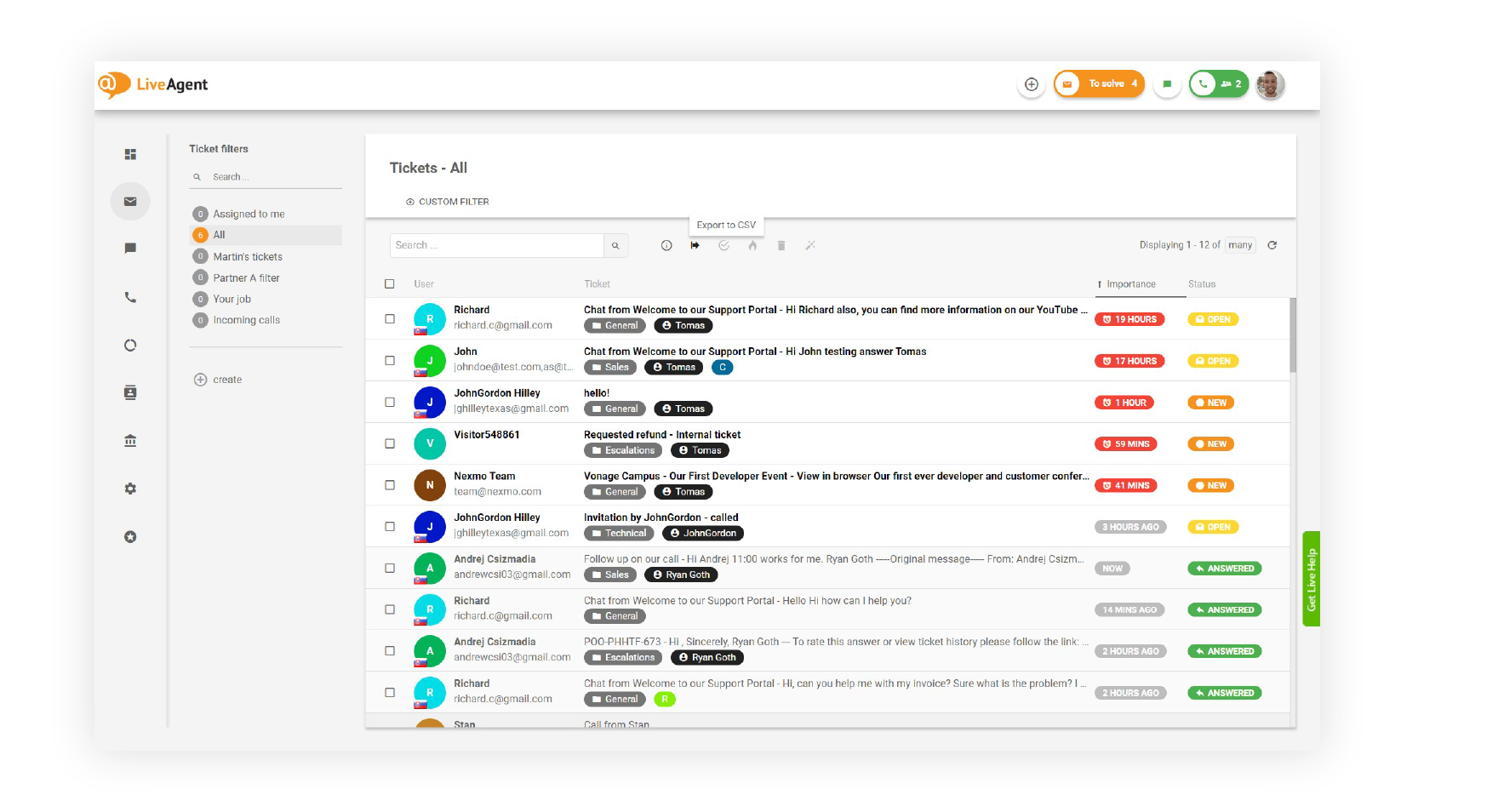 LiveAgent通用收件箱——来自邮件和聊天的工单的坐席视图