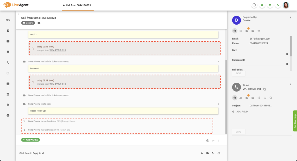 LiveAgent 中的已合并工单线程