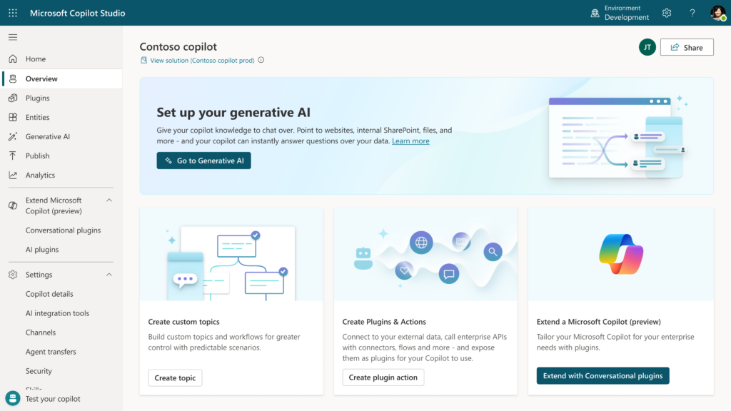 Microsoft Copilot Studio interface showing the 'Overview' section with options to set up generative AI, create custom topics, and build plugins & actions.