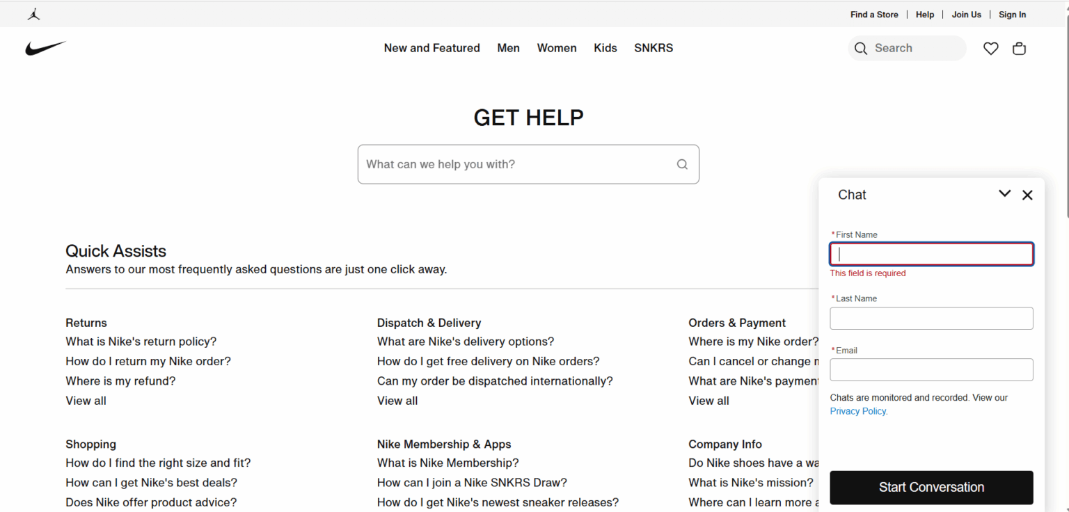 Nike网站上的AI聊天机器人