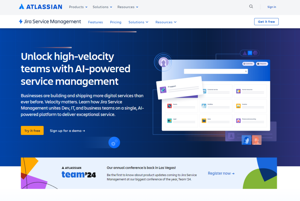Jira Service Management主页，一个帮助台软件的Help Scout替代品