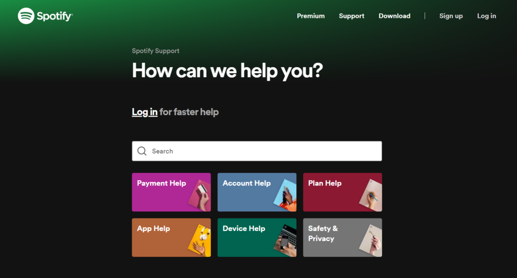 Spotify支持页面