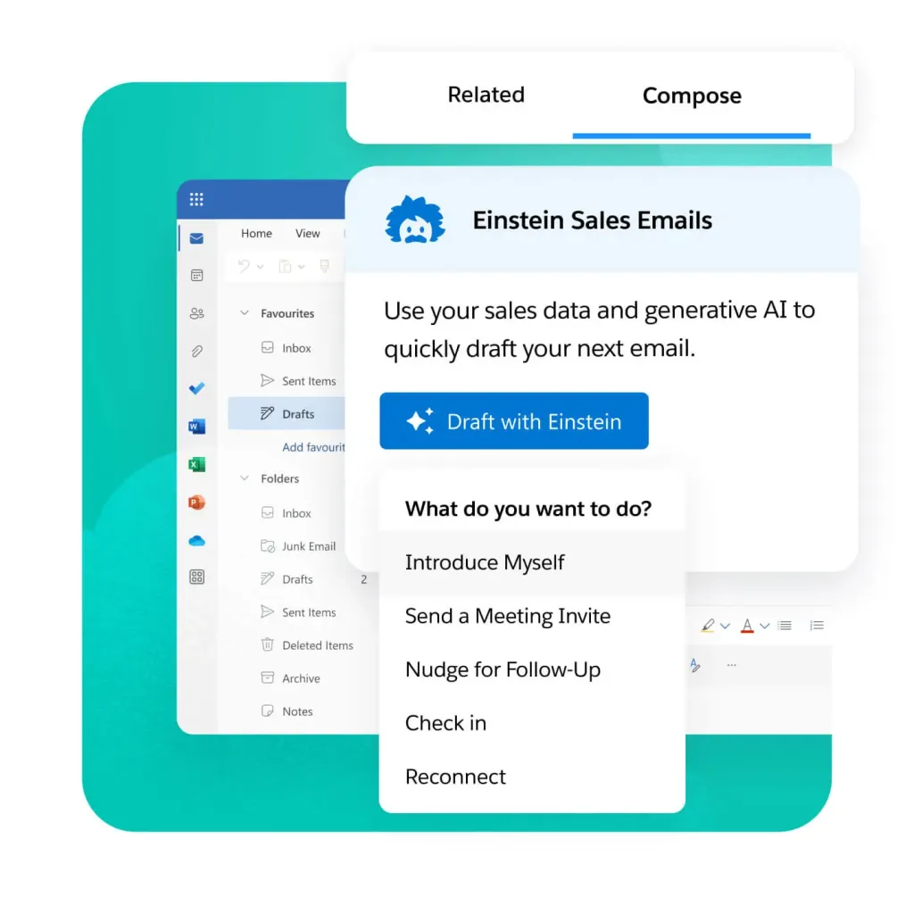 Salesforce Einstein Sales Emails interface showing AI-powered email drafting options.
