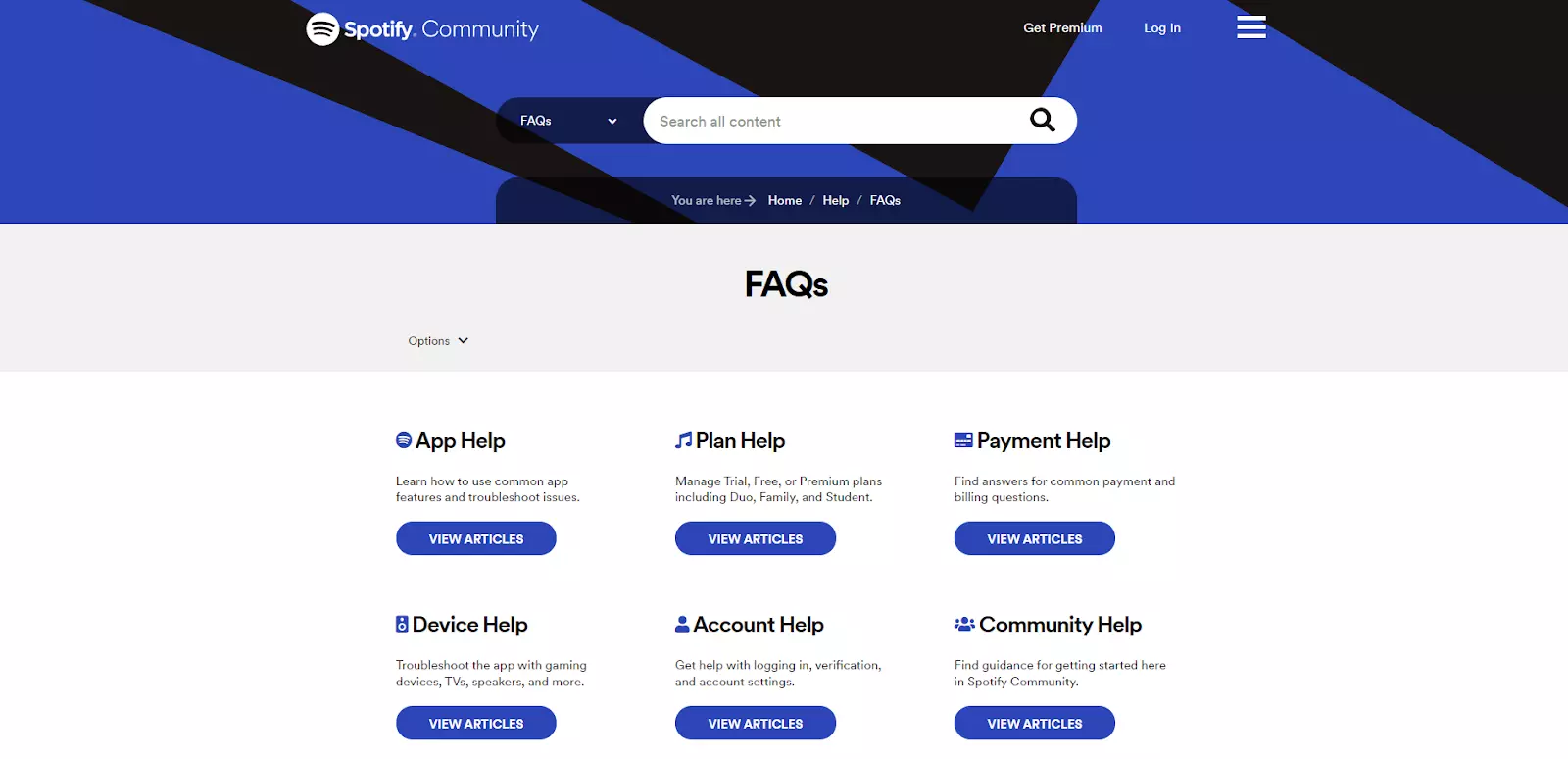 Spotify常见问题解答页面