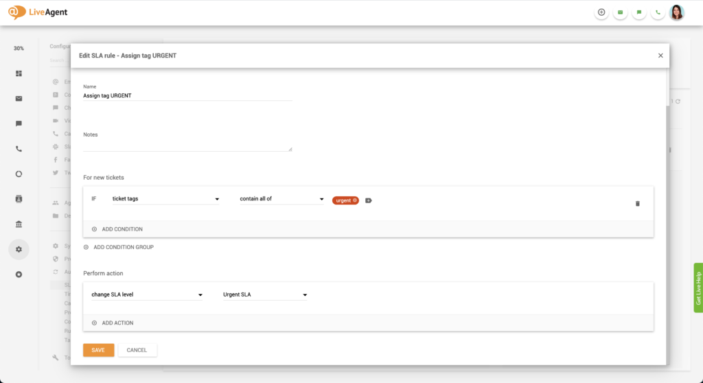 在LiveAgent中创建紧急SLA规则