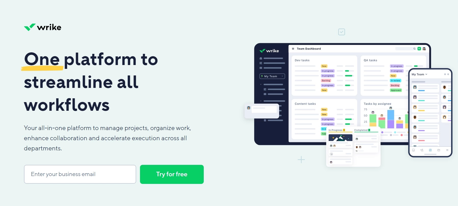 Wrike的主页 - 用于管理项目、组织工作和增强部门间协作的一体化平台。
