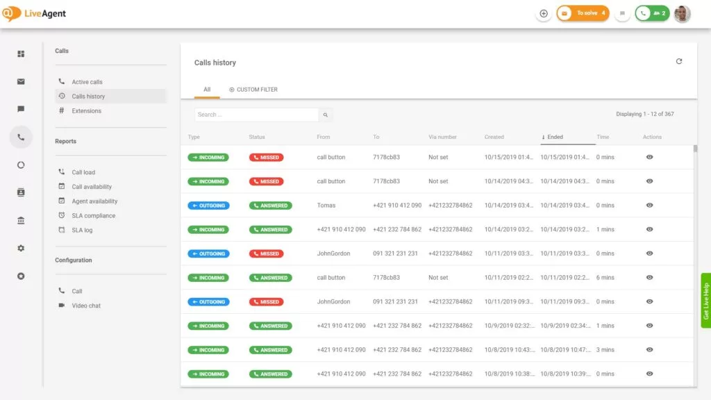 LiveAgent中呼叫中心界面的概览。