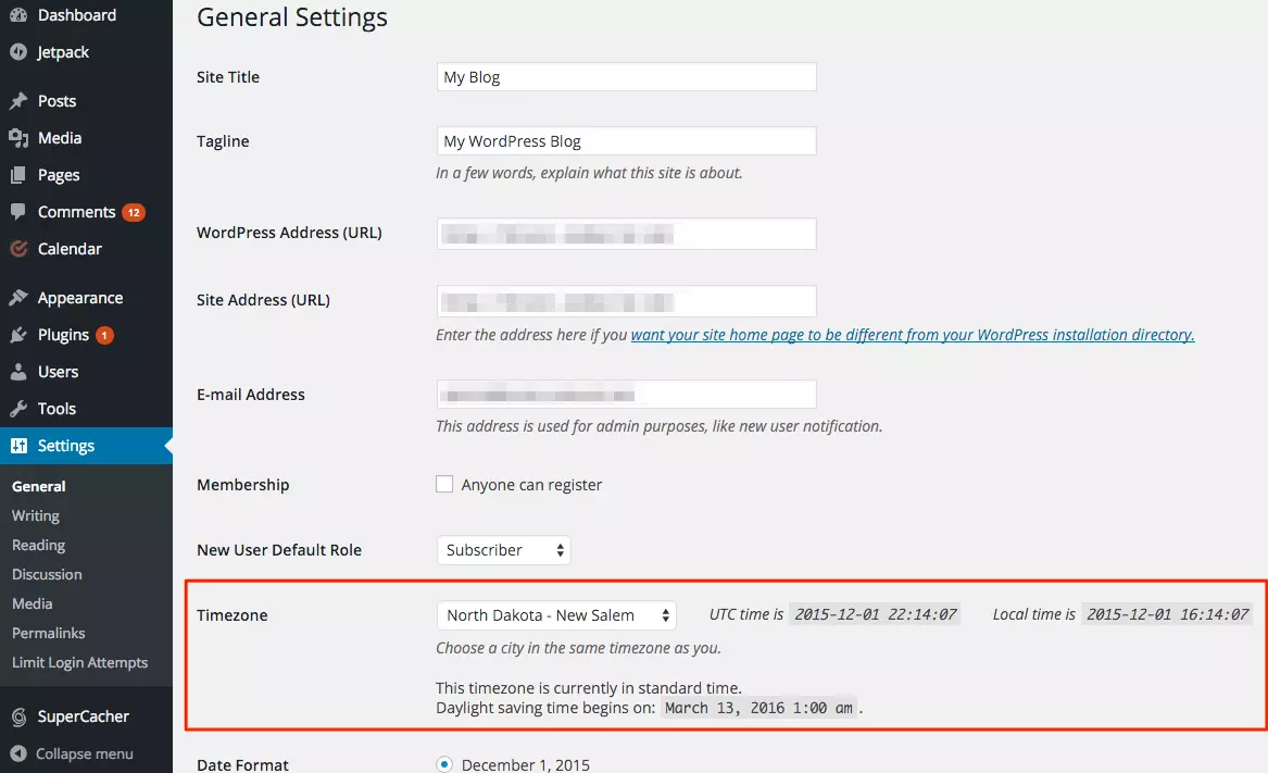 WordPress timezone settings