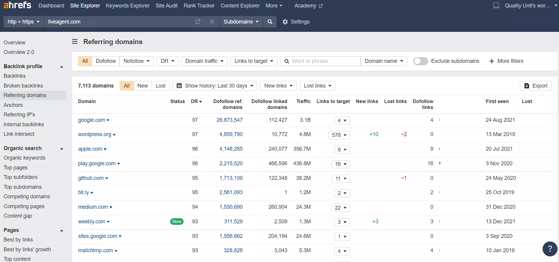 Ahrefs 中的引用域 - 示例