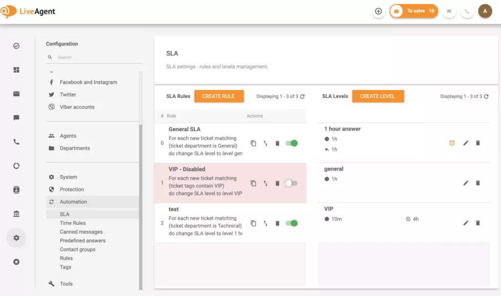 LiveAgent的响应和解决SLA时间设置
