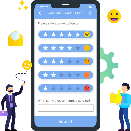 The image shows how to gather feedback through simple customer ratings and asking for suggestions to improve the service.