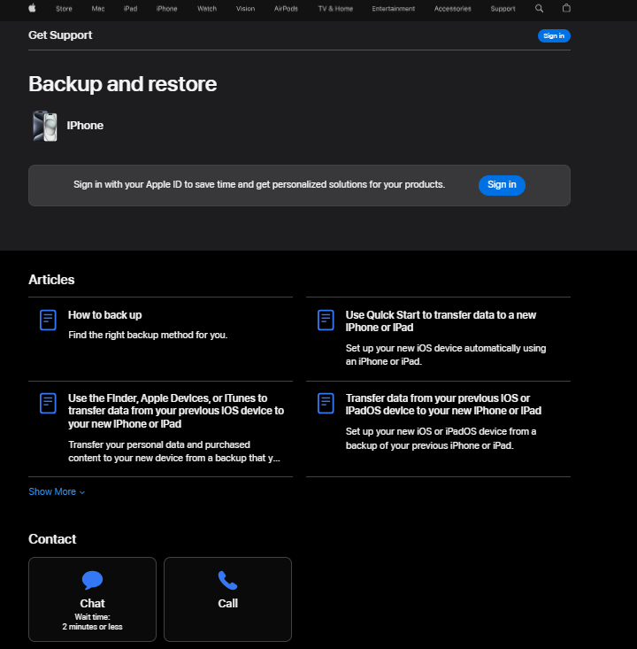 Apple支持页面显示他们的支持选项