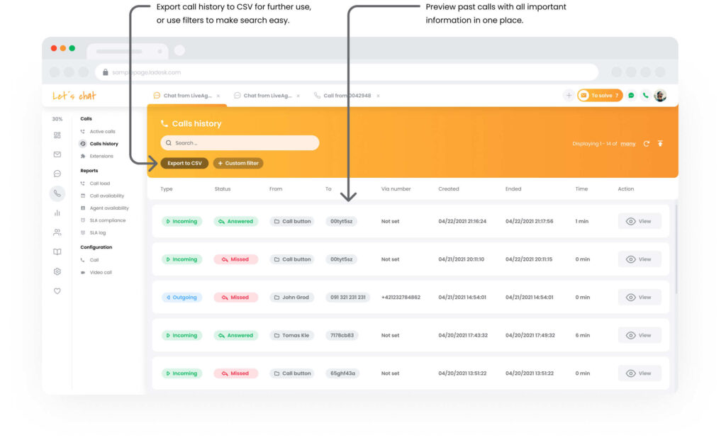 LiveAgent中的呼叫中心通话历史