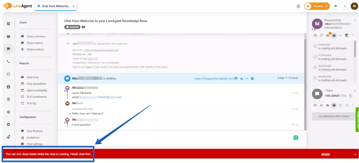 LiveAgent - 未解决聊天警告