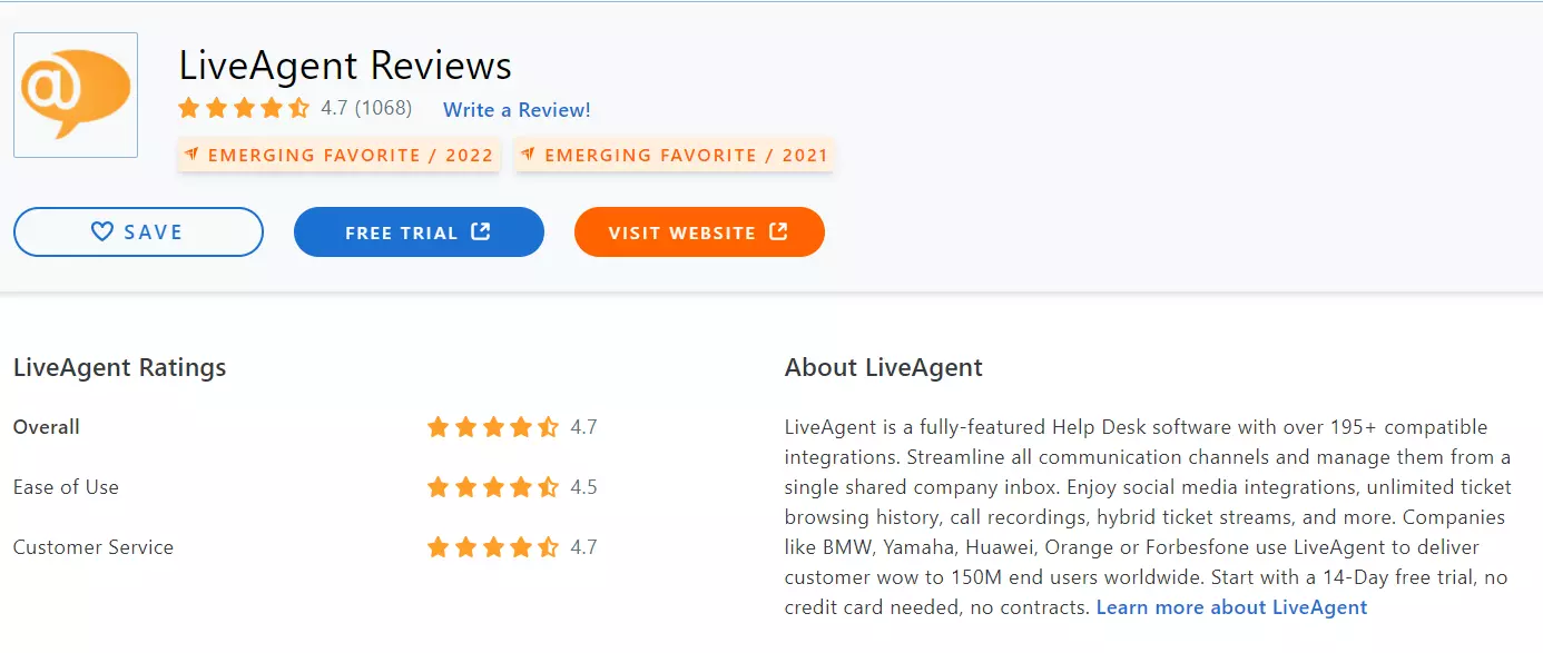 LiveAgent Capterra 评论 2022
