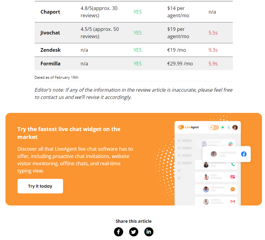 LiveAgent的内容末尾CTA