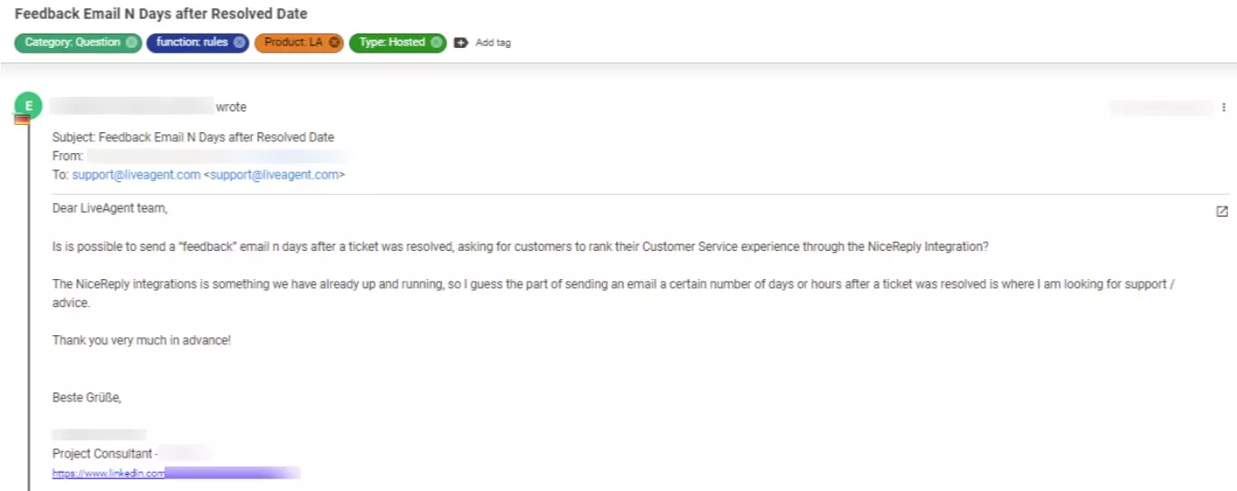 显示被视为低优先级的客户问题的工单屏幕截图。
