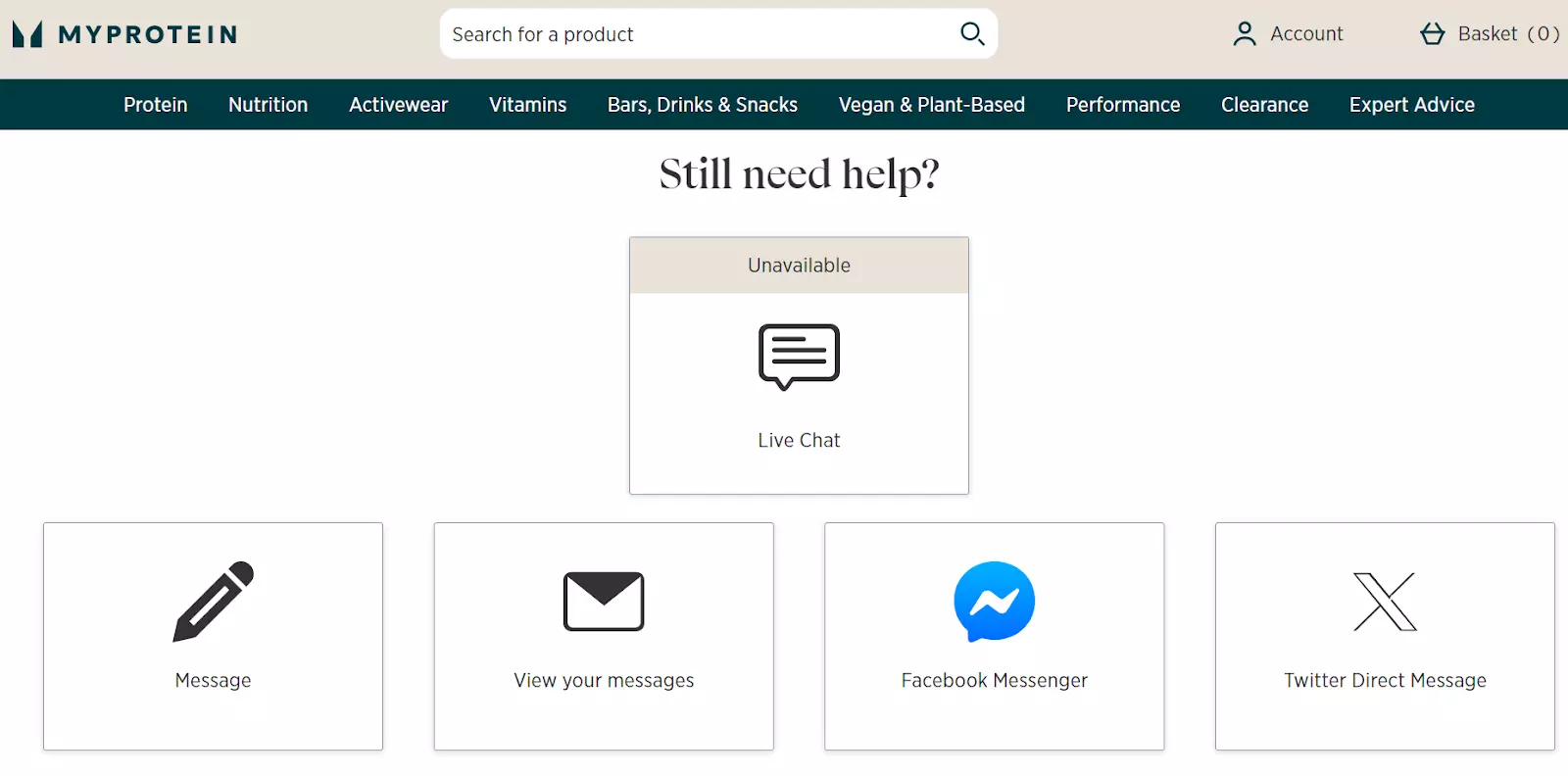 带有沟通渠道的MyProtein支持页面