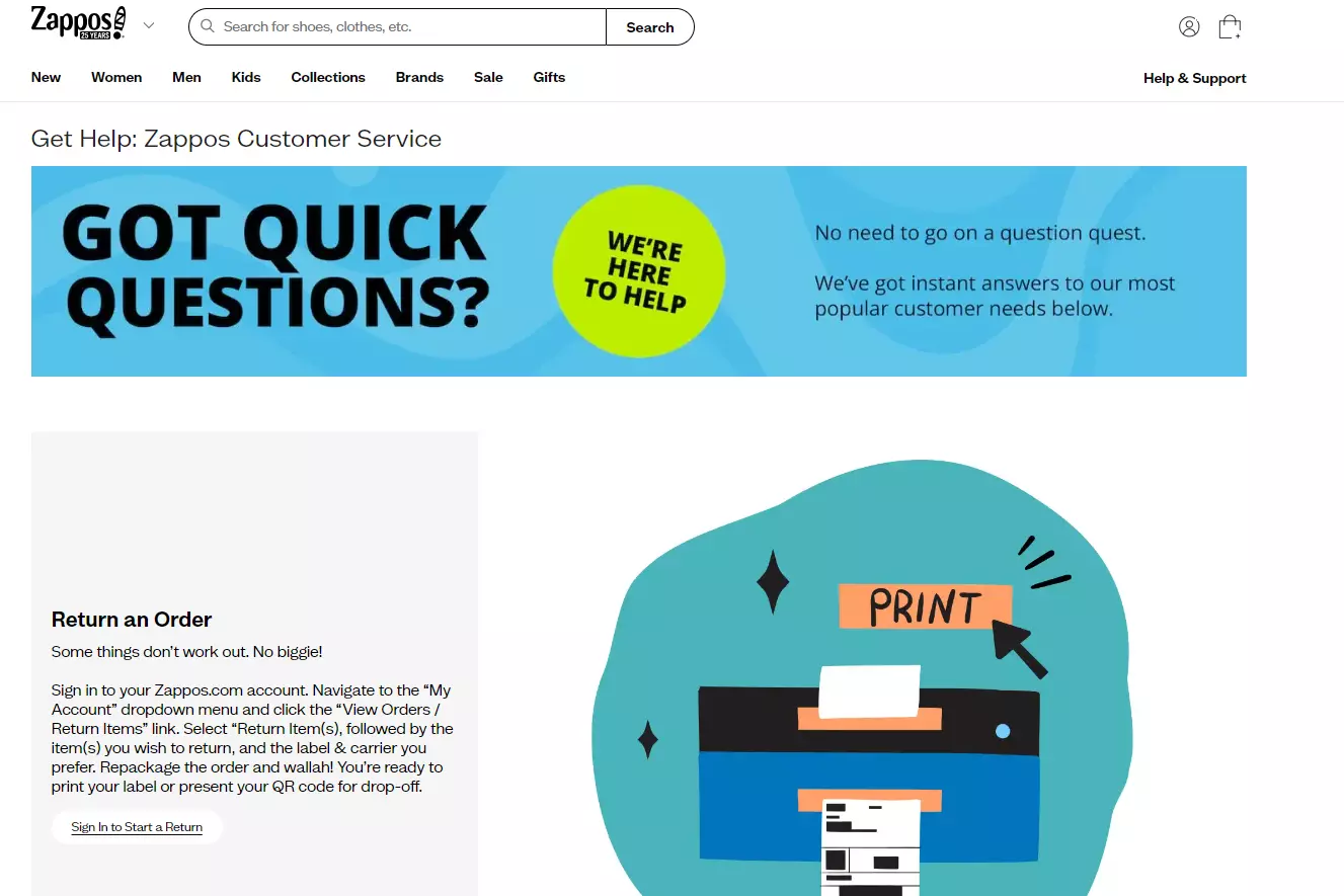 Zappos支持页面显示他们的支持选项