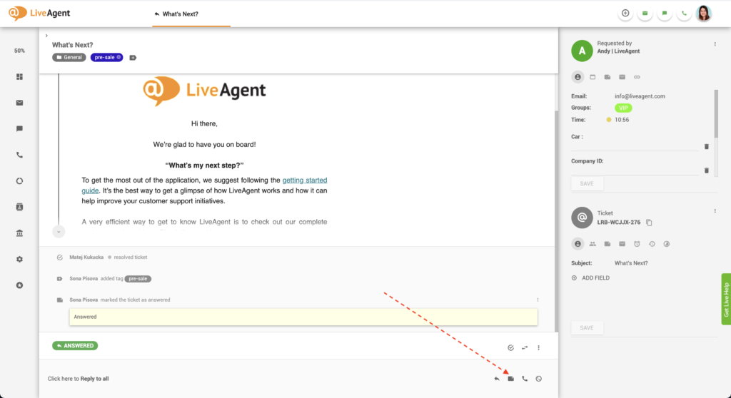 LiveAgent 中的添加笔记按钮