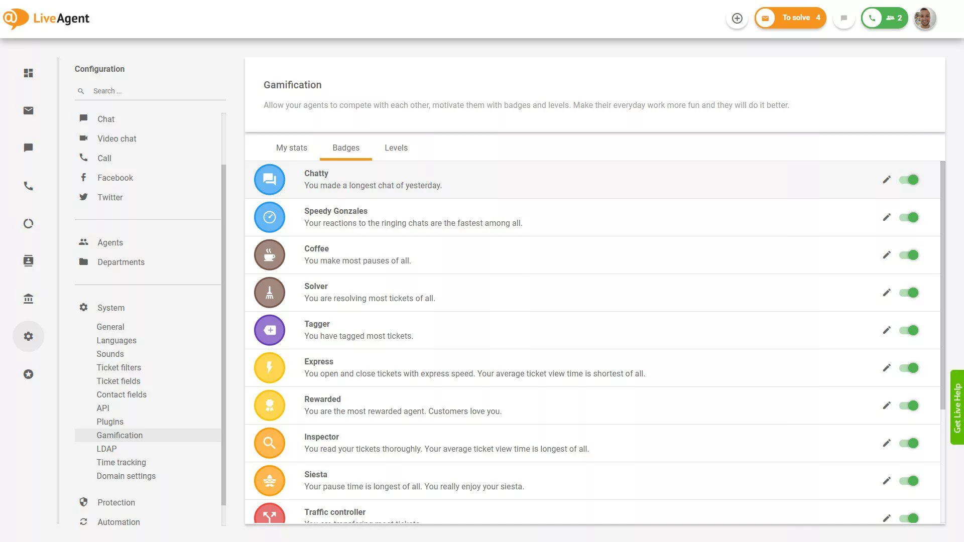 LiveAgent中可用徽章列表