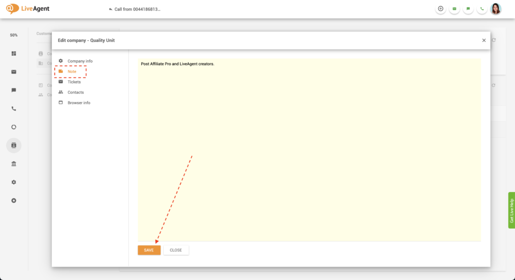 LiveAgent 中的公司笔记