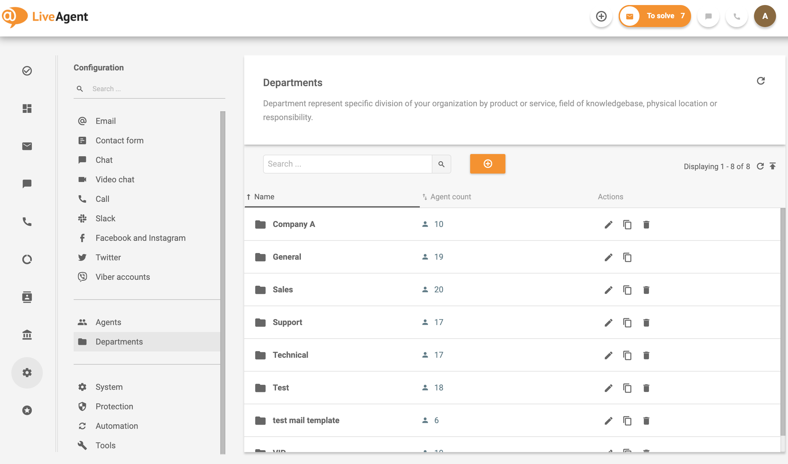 LiveAgent中的部门