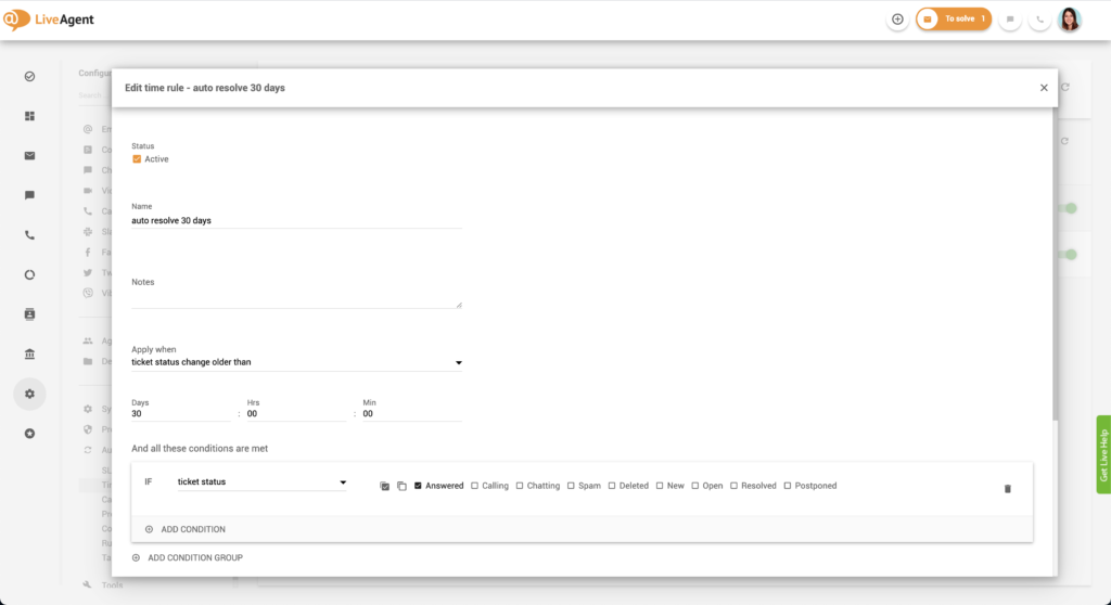 在LiveAgent中编辑时间规则