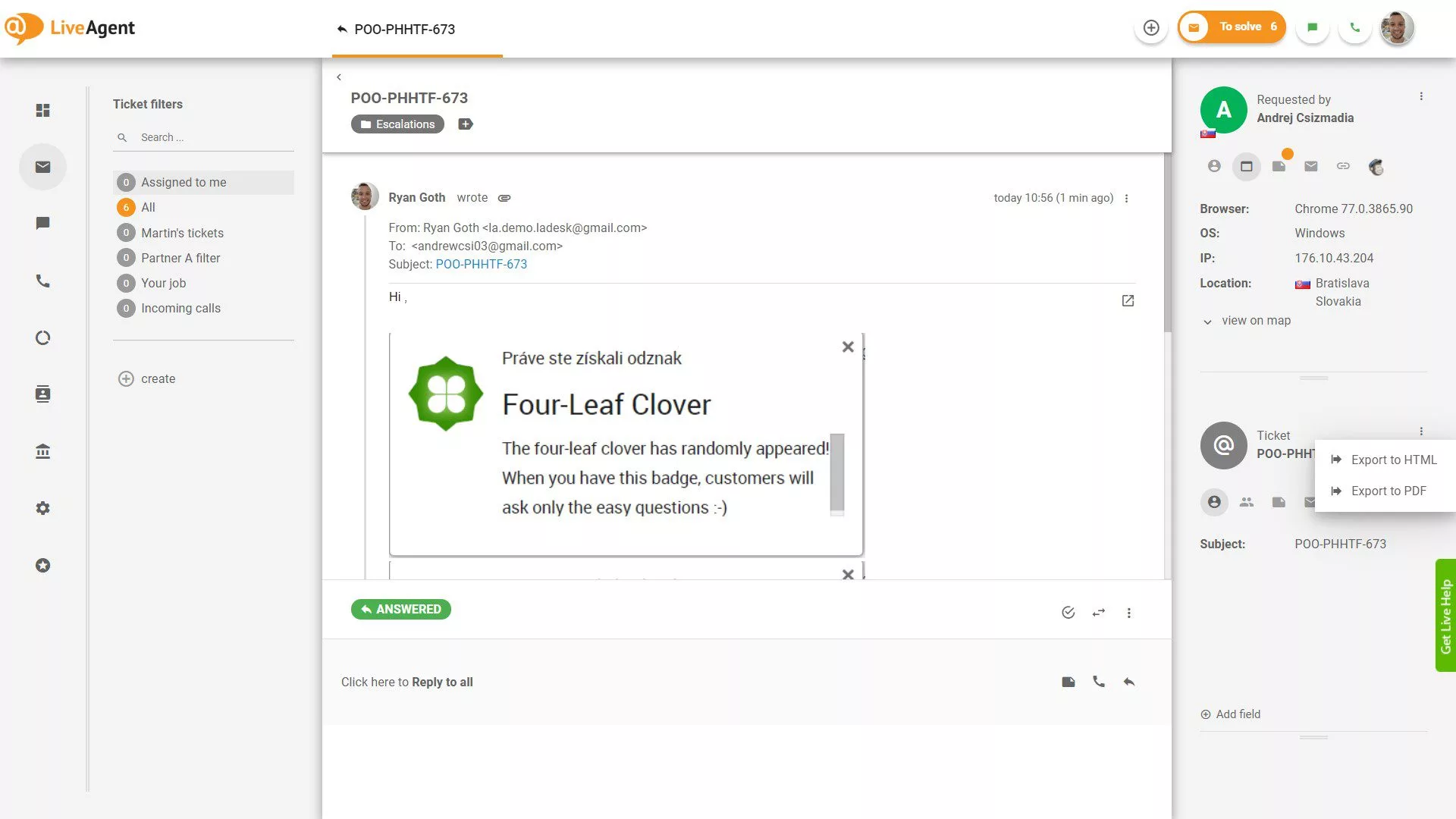 工单导出功能,支持导出为 HTML 和 PDF 格式