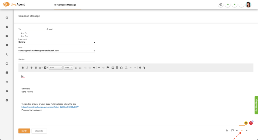 HTML editor button in LiveAgent