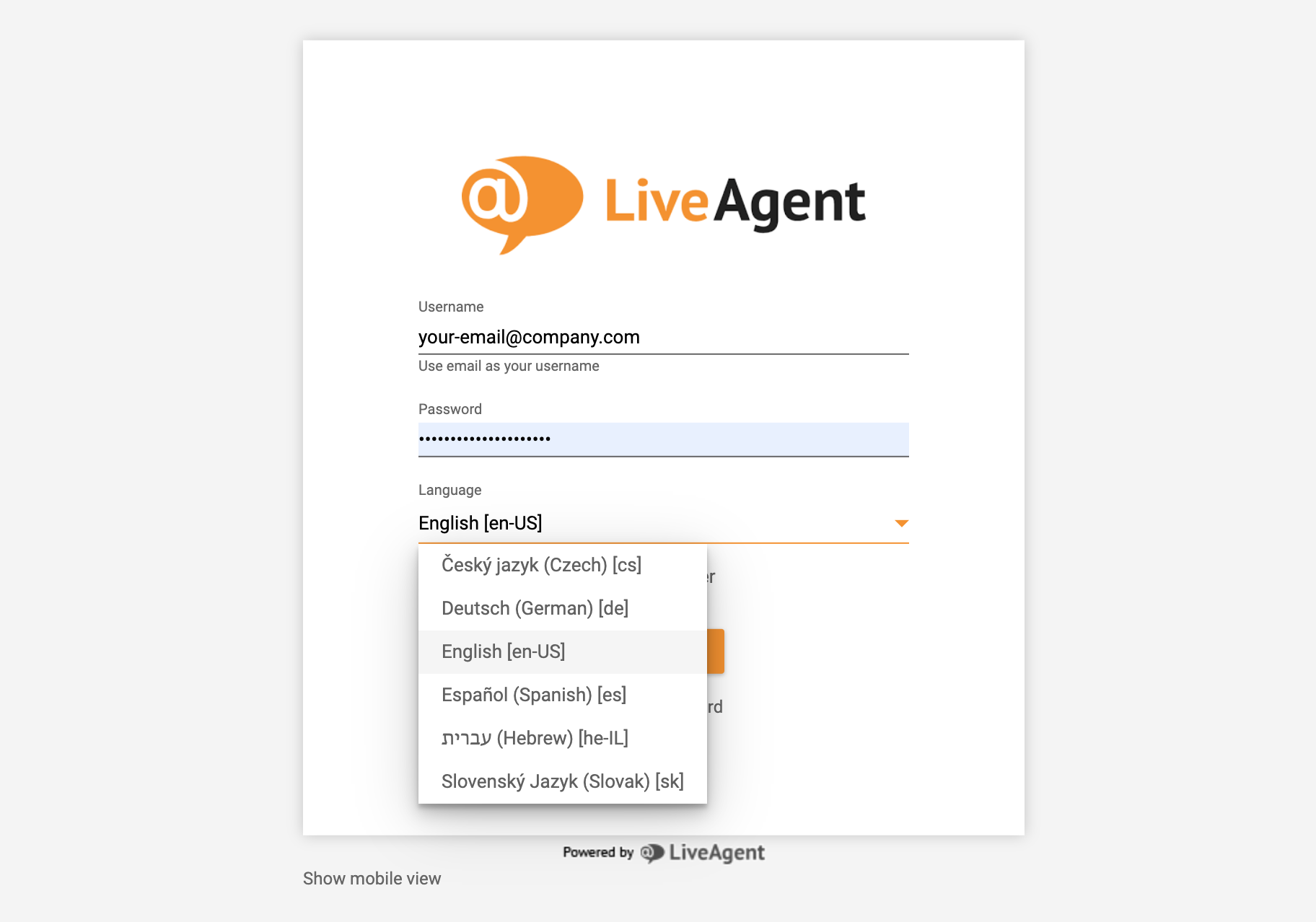 LiveAgent登录 - 语言选择