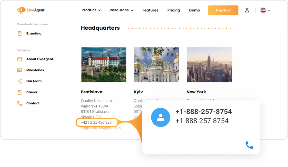 LiveAgent的一键通话联系卡