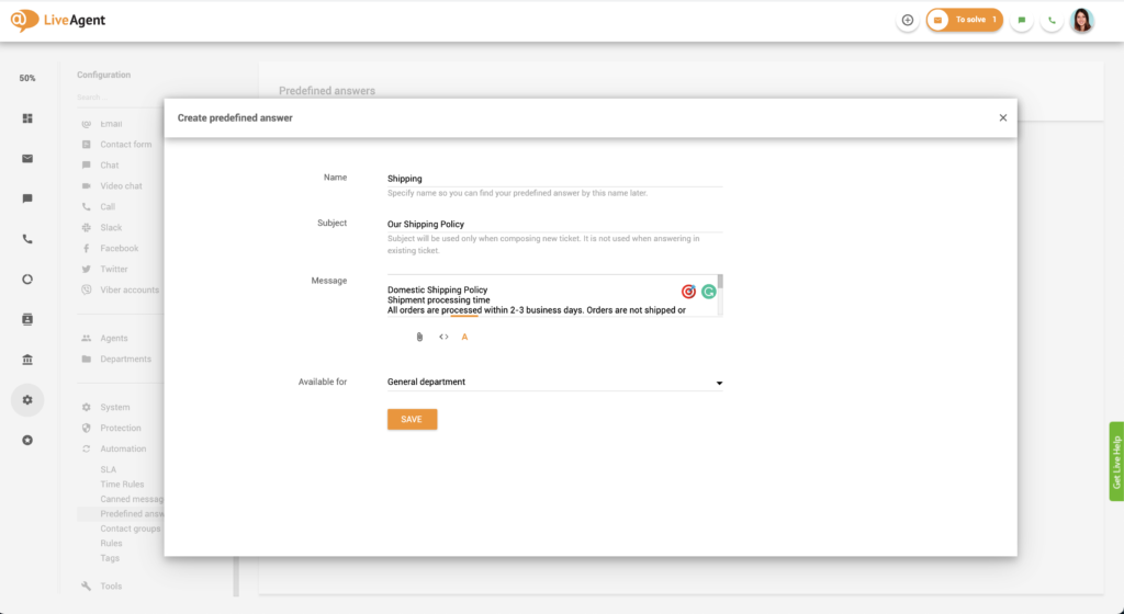 LiveAgent 中的预定义答案设置