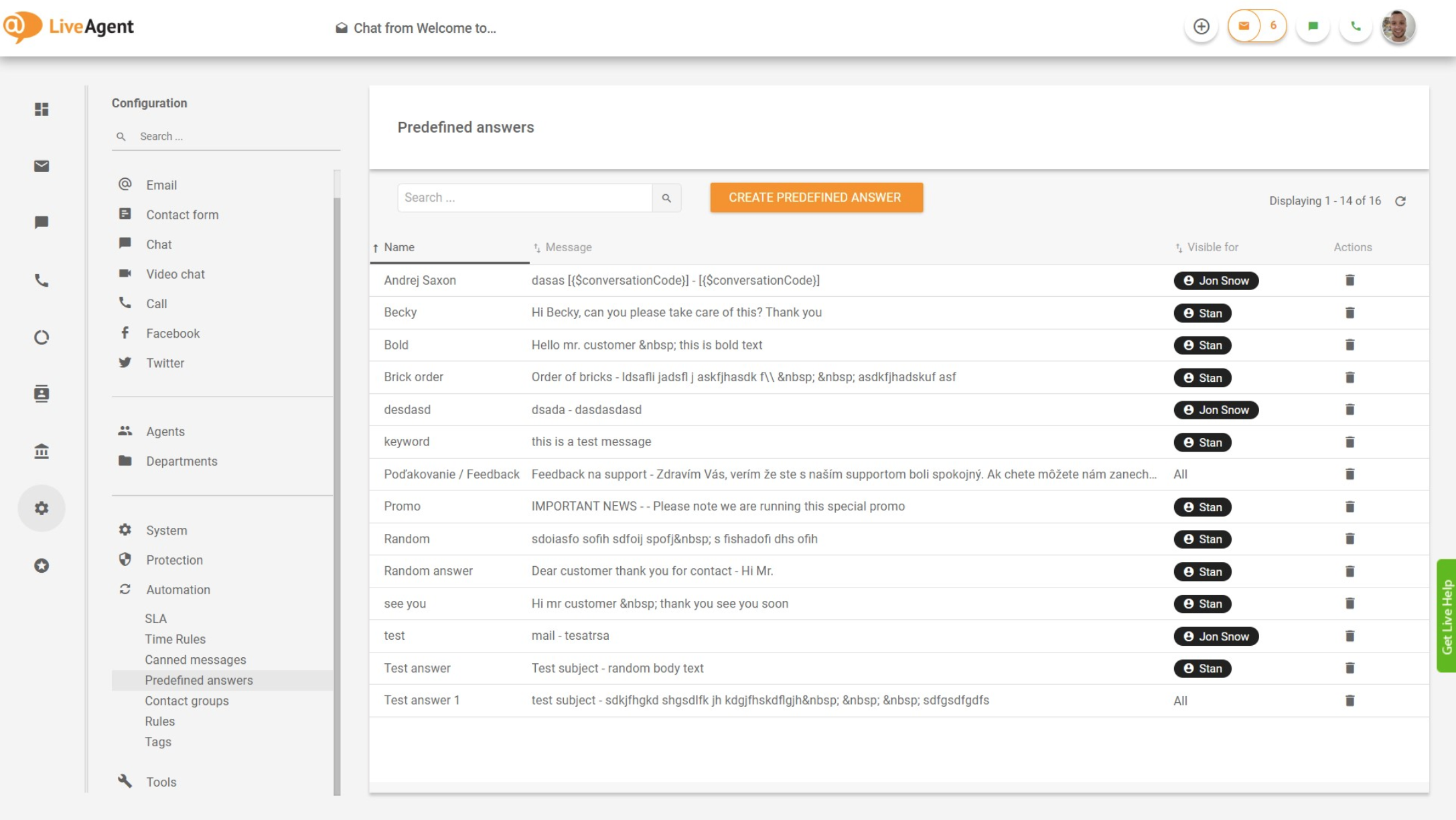 LiveAgent – 预定义答案概览