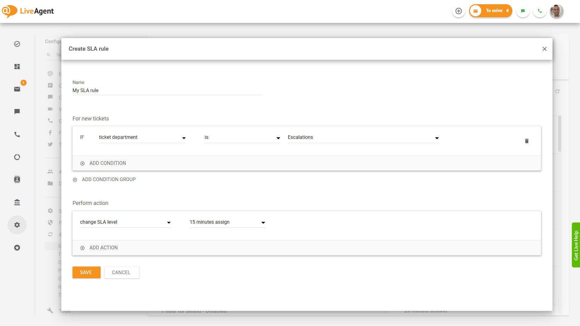 LiveAgent 中的 SLA 规则创建