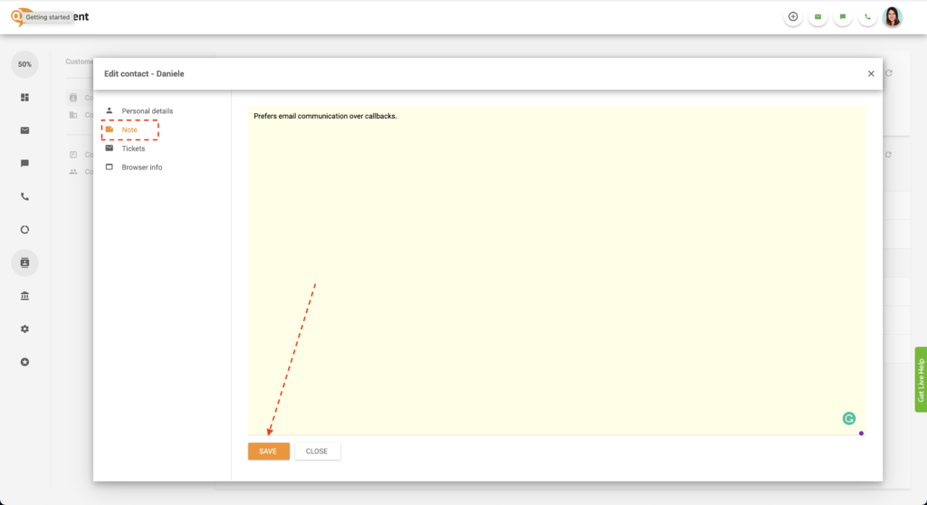在 LiveAgent 中保存联系人笔记