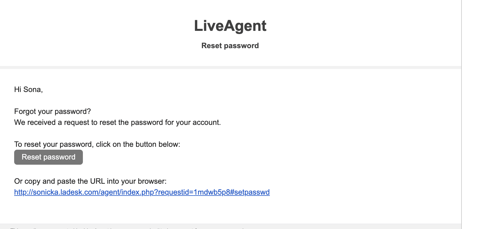 密码重置电子邮件LiveAgent