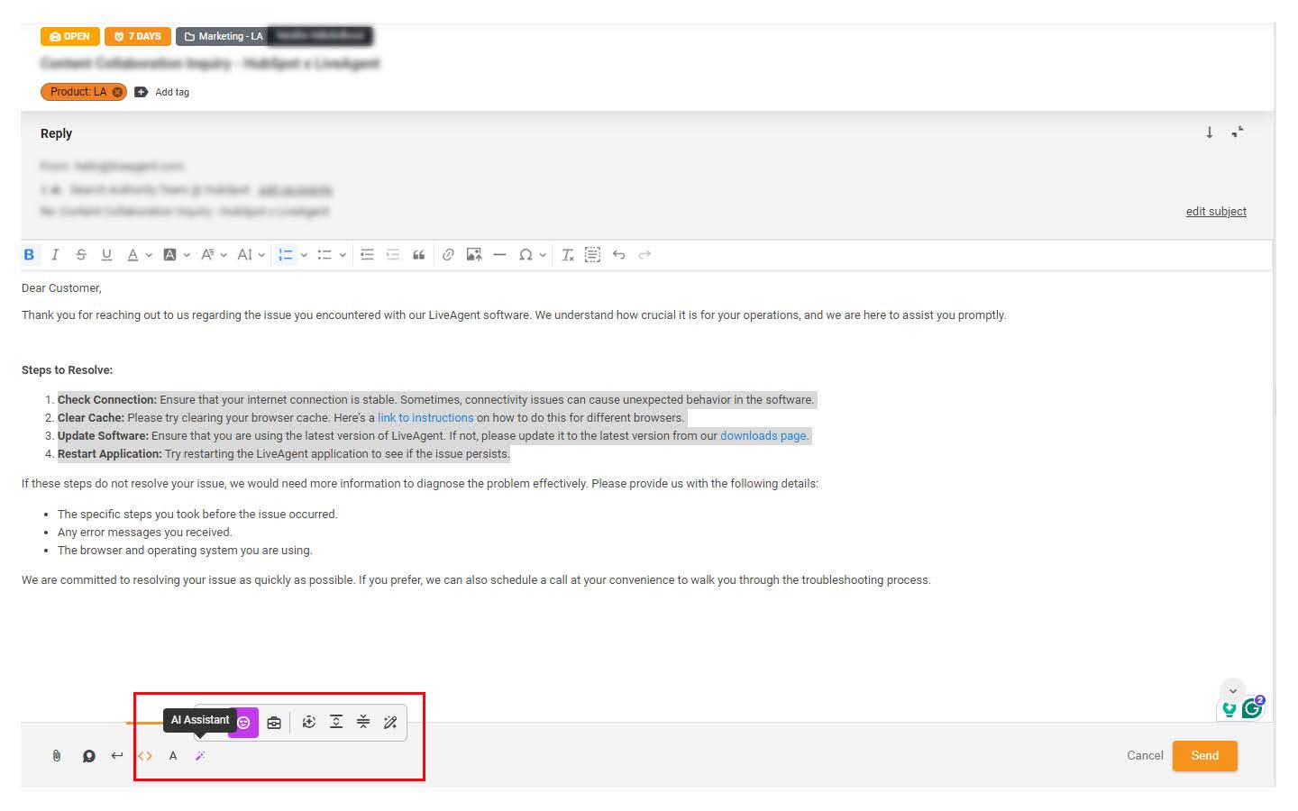 Image displaying the support ticket and highlighted AI assistant feature