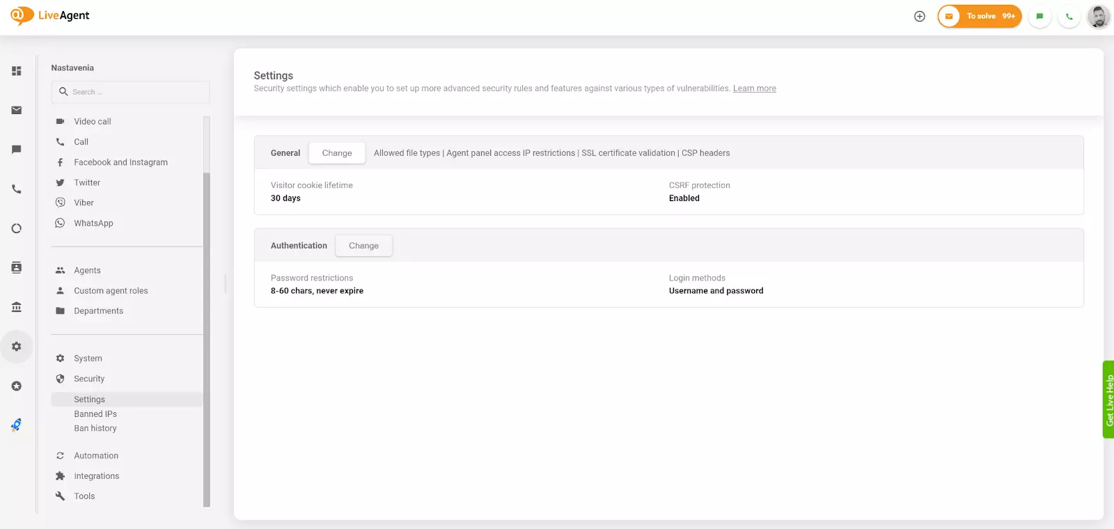 Change authentication setting in LiveAgent