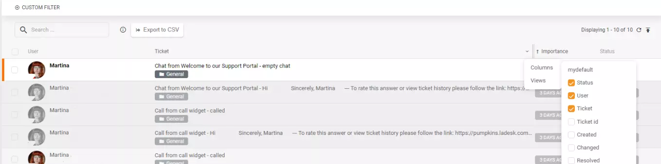 特定列或视图的 CSV 导出