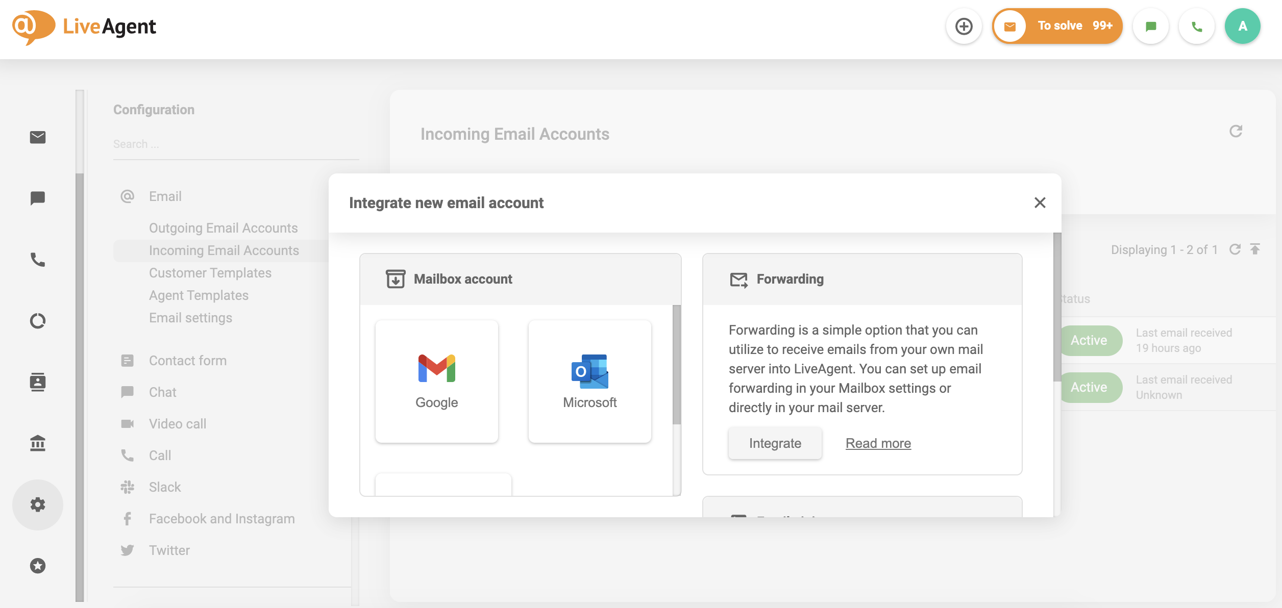 Integrate new email account with forwarding in LiveAgent