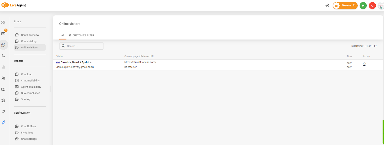 LiveAgent中网站访客跟踪的屏幕截图
