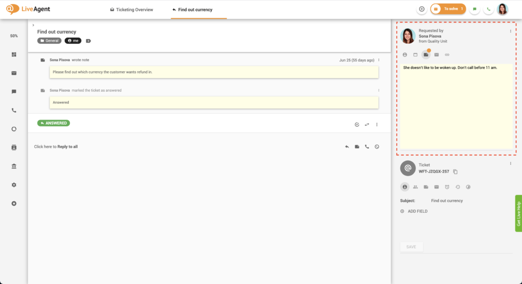 工单中的备注 - LiveAgent