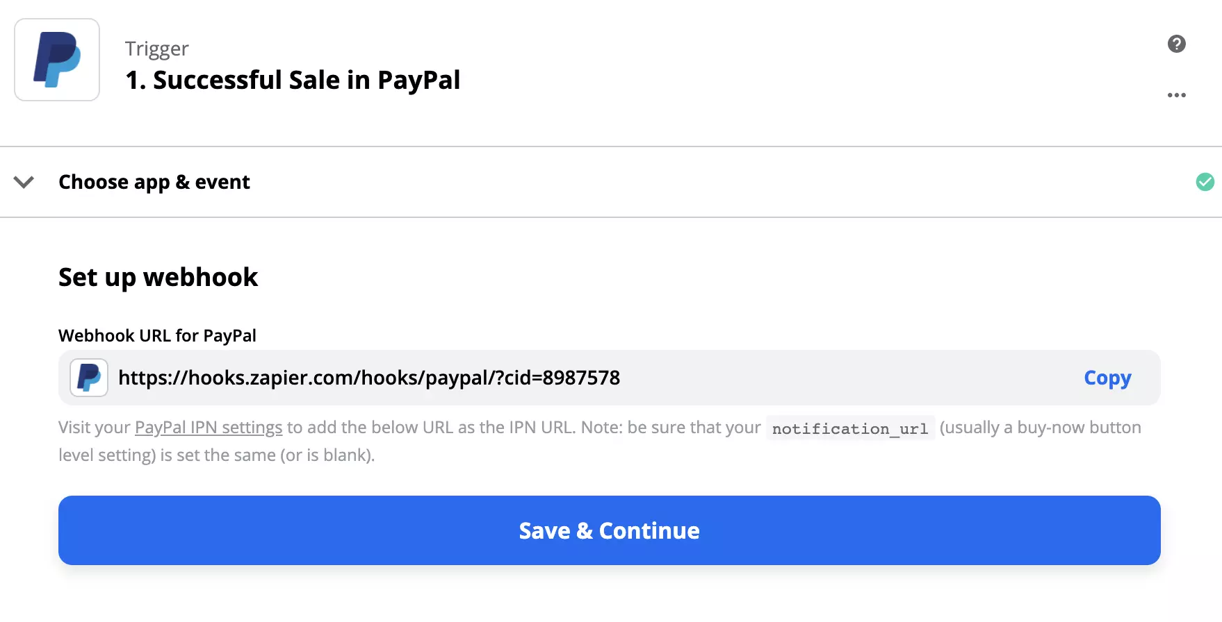 PayPal触发器配置，带有webhook设置