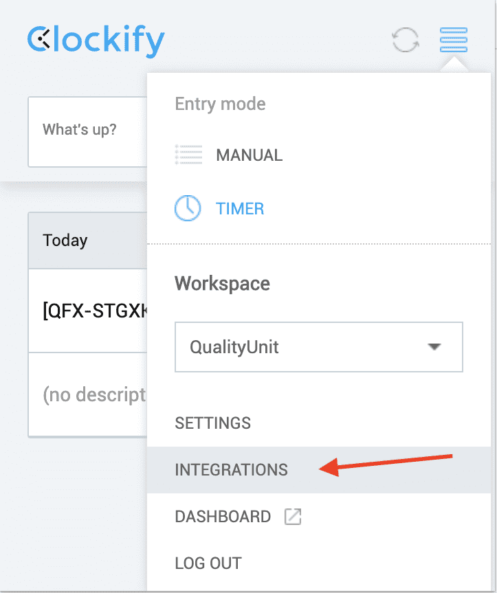 Clockify integrations menu