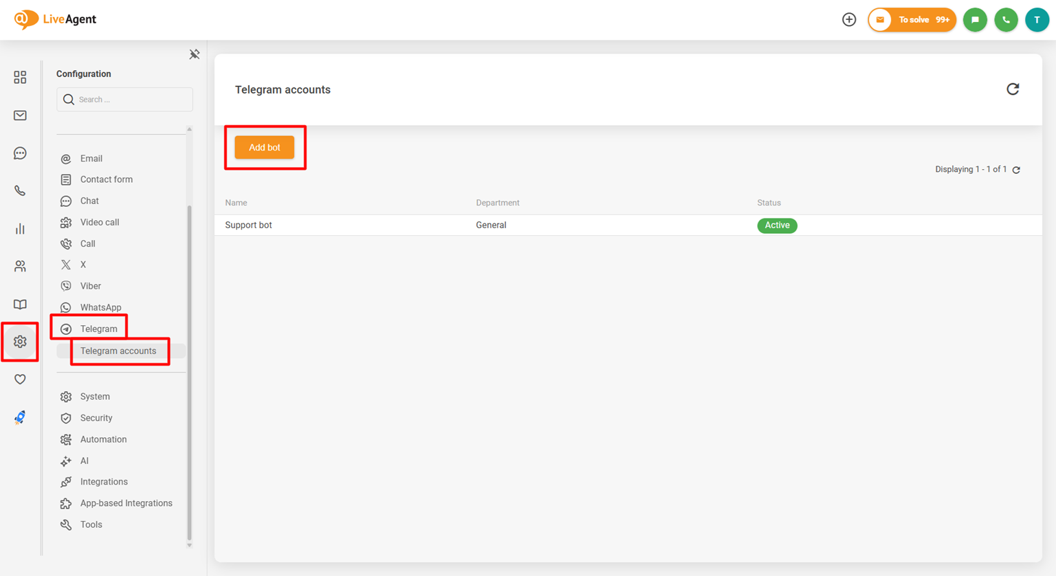 LiveAgent Telegram 集成配置面板的屏幕截图，显示添加机器人按钮