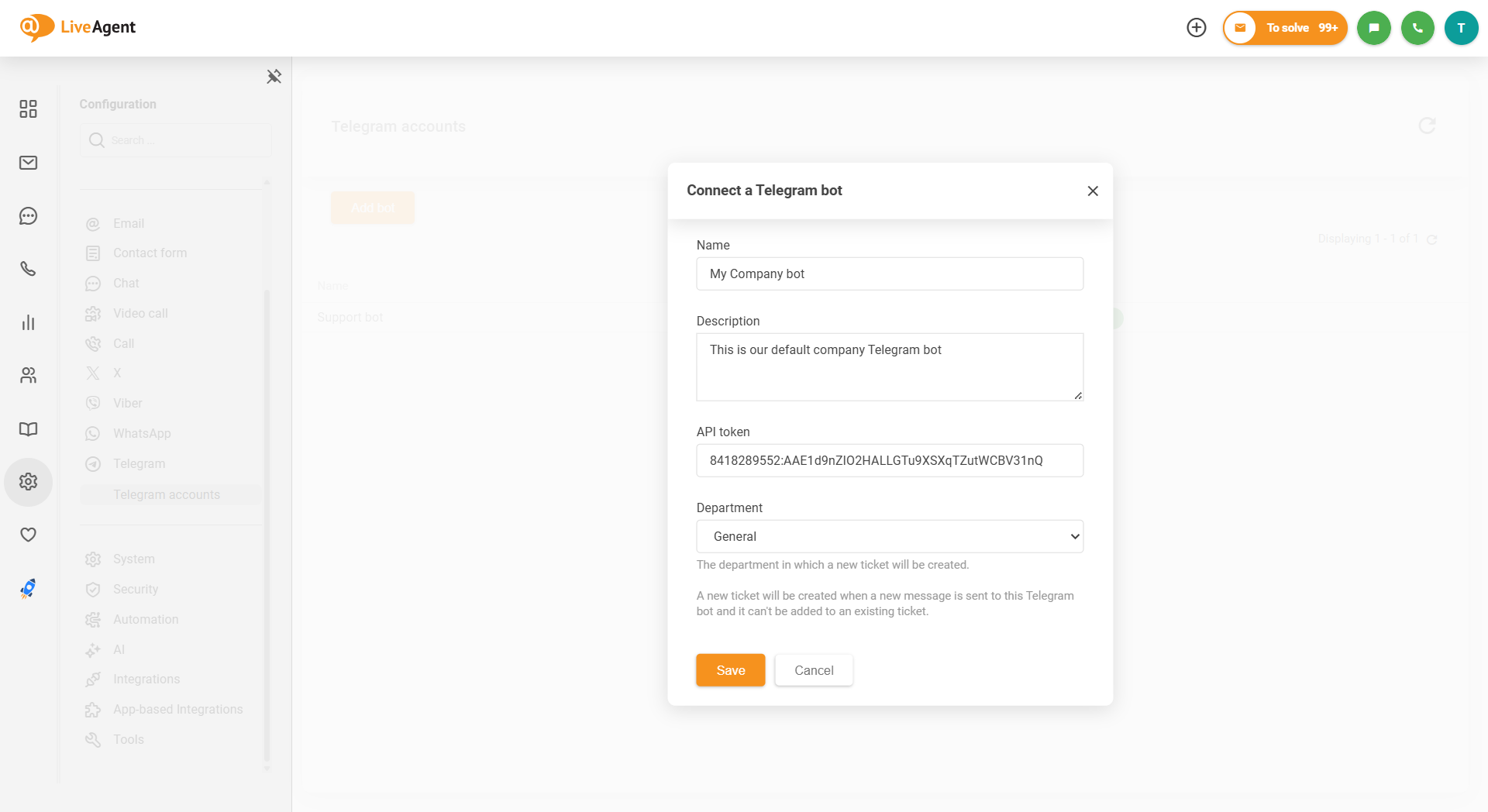 LiveAgent Telegram 集成如何连接机器人的屏幕截图