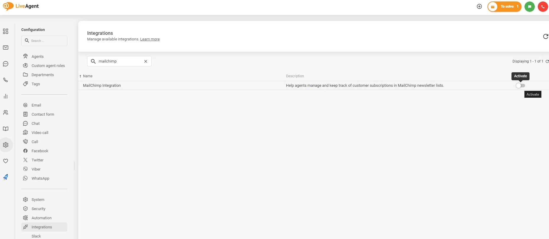 在 LiveAgent 中激活 Mailchimp 集成