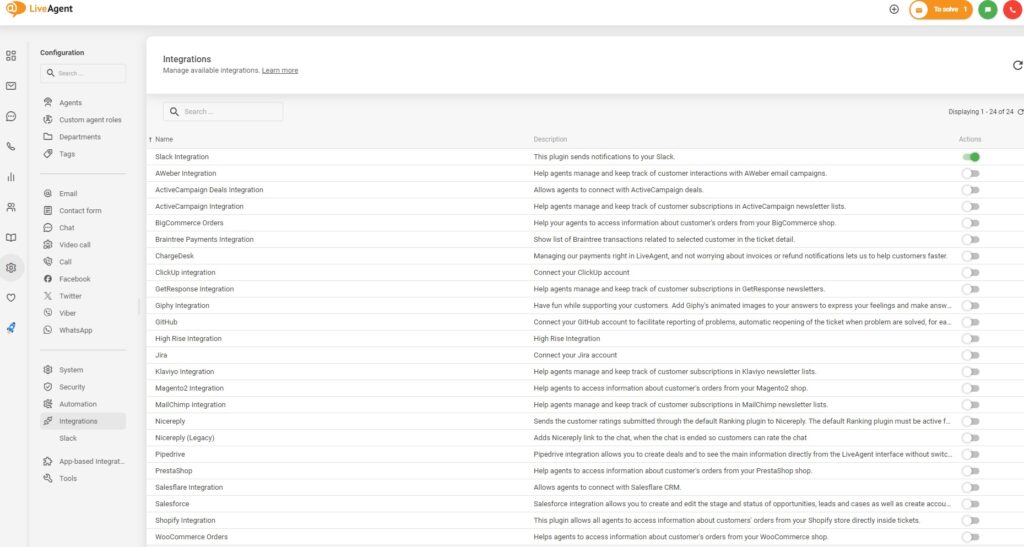 在 LiveAgent 中激活集成