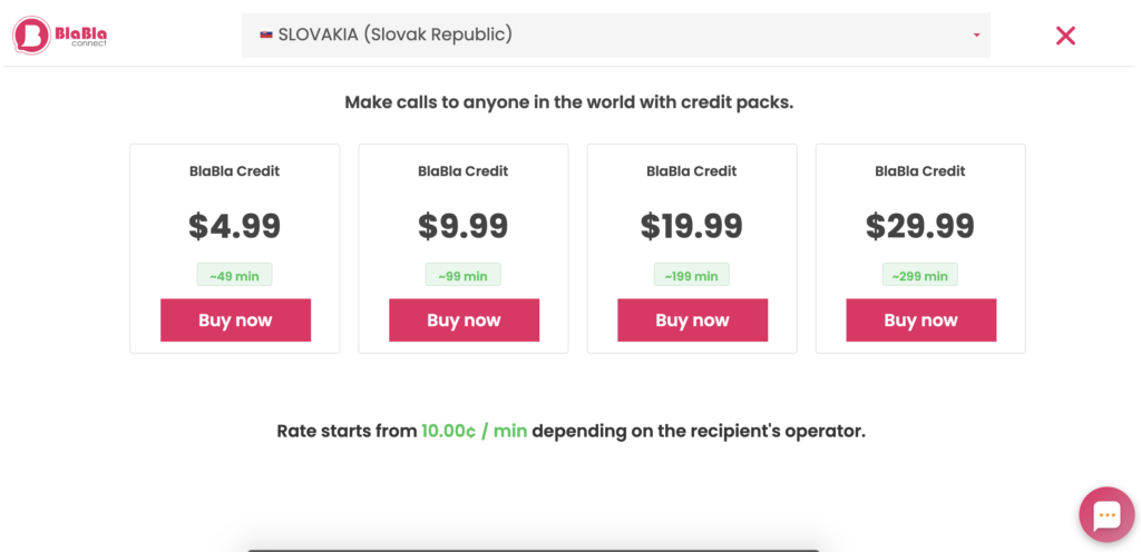 BlaBla Connect pricing plans displayed on the website